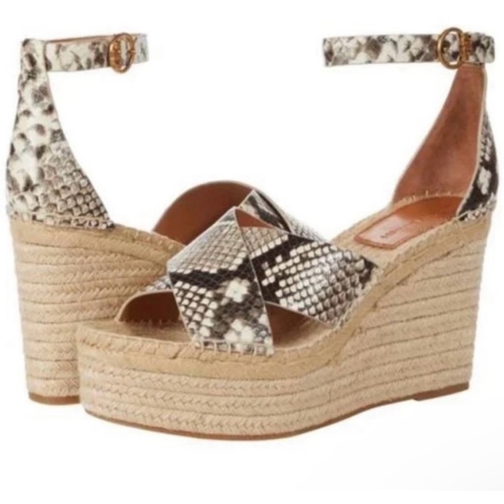 Tory Burch Selby Snake Printed Leather Wedge
Platform Espadrille Sandals 9